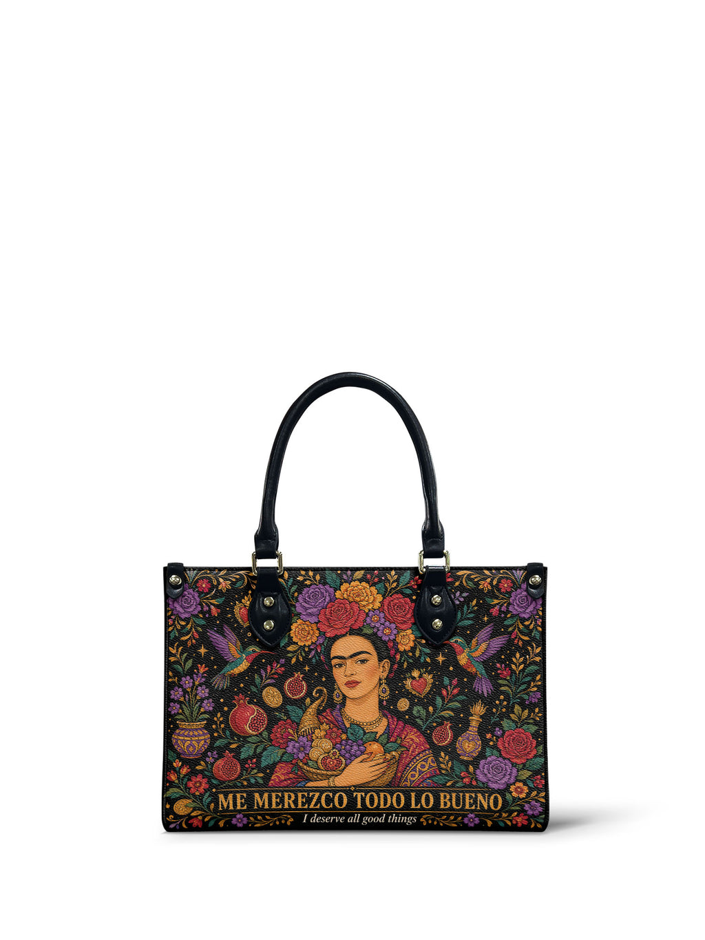 "Me merezco todo lo bueno" ver.1 Small Leather Handbag - front view | Paleta Bags