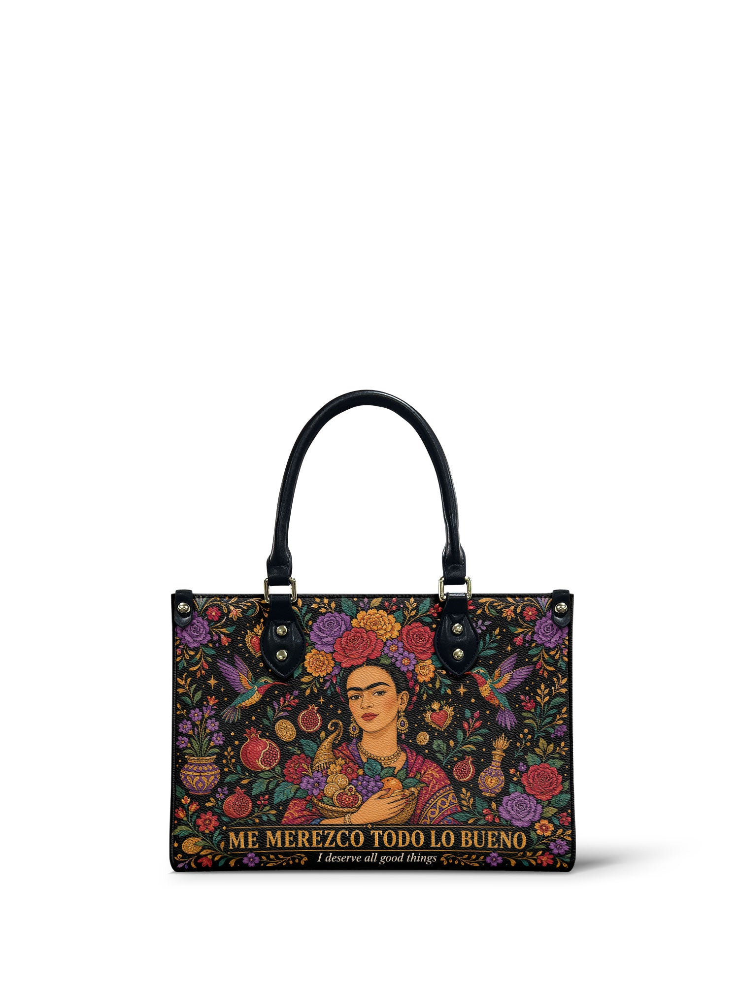 "Me merezco todo lo bueno" ver.1 Small Leather Handbag - front view | Paleta Bags