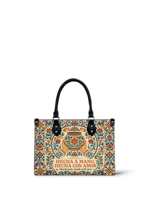 "Hecha a mano, hecha con amor" ver.2 Small Leather Handbag - Paleta Bags front view