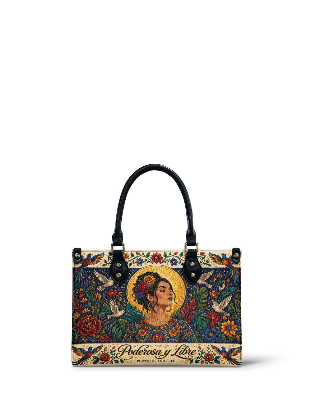 Ornate framed small handbag, woman with a gold halo among white doves and deep green foliage, Poderosa y Libre banner