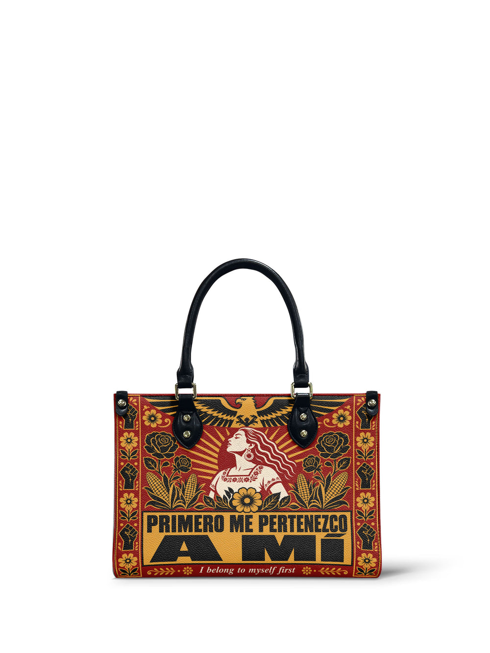 Red small handbag printed like a rally poster, a woman with gold rays behind her, an eagle above and raised fists in the corners