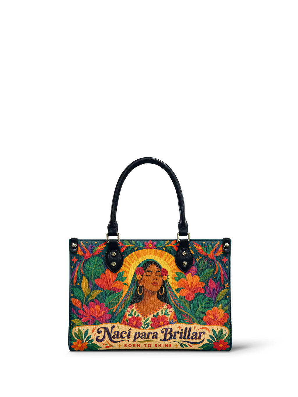 "Nací para brillar" ver.4 Small Leather Handbag - front view | Paleta Bags