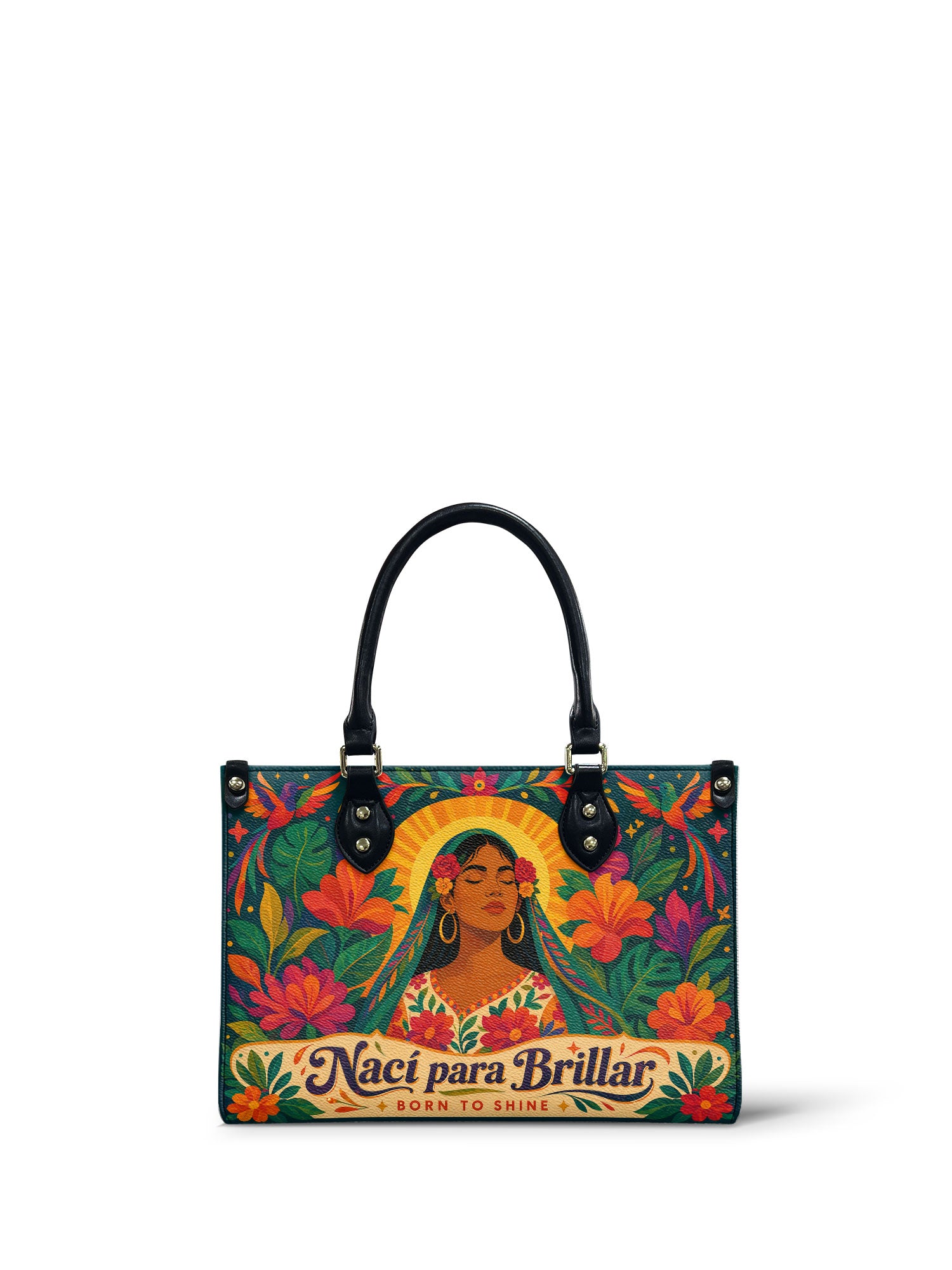 "Nací para brillar" ver.4 Small Leather Handbag - front view | Paleta Bags