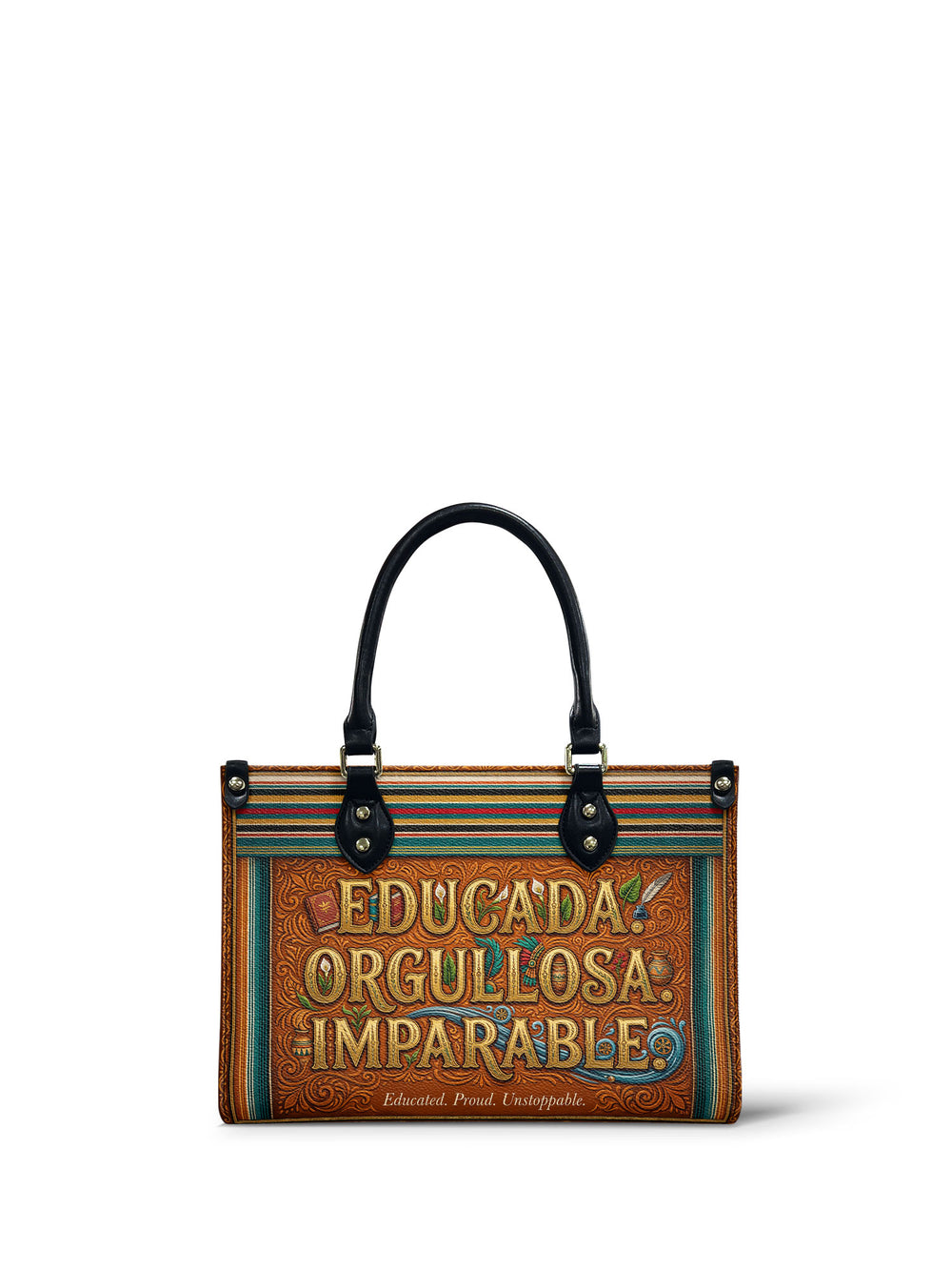 Copper tooled leather small handbag with raised gold and teal lettering Educada Orgullosa Imparable and a serape stripe across the top