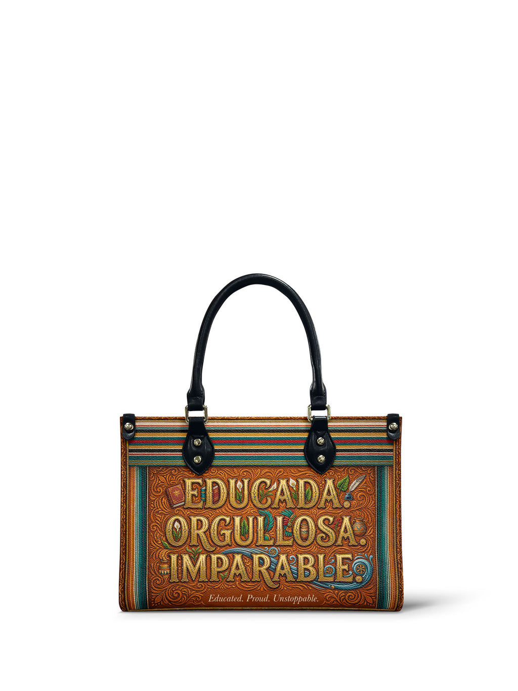 "Educada. Orgullosa. Imparable" ver.2 Small Leather Handbag - front view | Paleta Bags