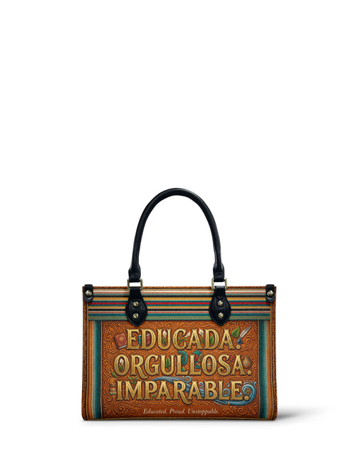 "Educada. Orgullosa. Imparable" ver.2 Small Leather Handbag - front view | Paleta Bags