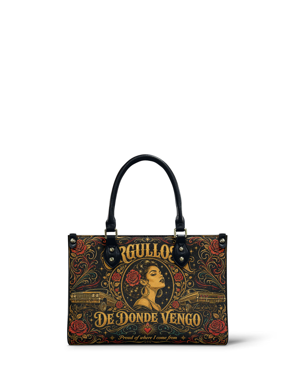 Black small handbag with Orgullosa in gold shadowed letters, a woman in a round medallion with roses and gold hoops, lowriders behind her