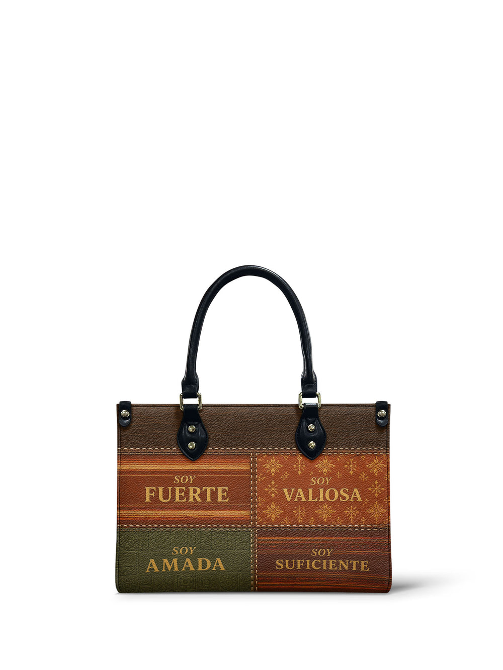 small handbag in four warm panels of rust stripe, terracotta medallions, olive tooling and red serape weave, each lettered in gold