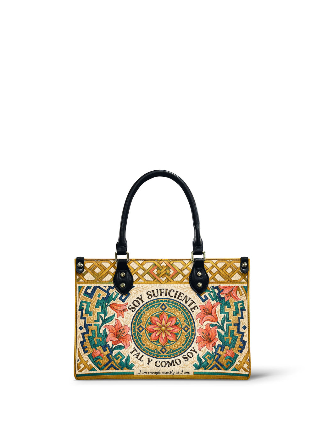 "Soy suficiente, tal y como soy" ver.9 Small Leather Handbag - front view | Paleta Bags