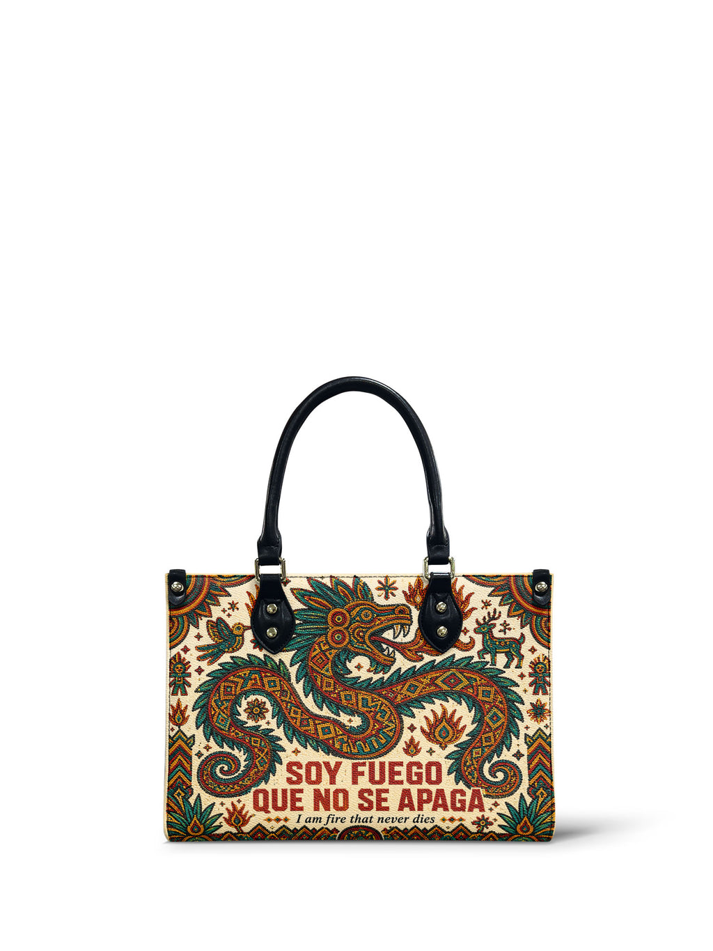 "Soy fuego que no se apaga" ver.2 Small Leather Handbag - front view | Paleta Bags