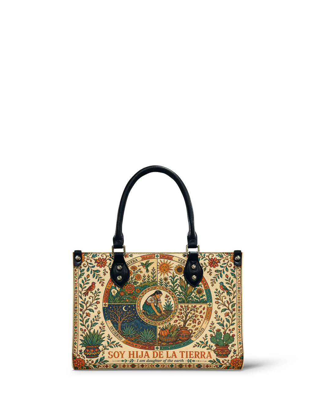 "Soy hija de la tierra" ver.1 Small Leather Handbag - front view | Paleta Bags