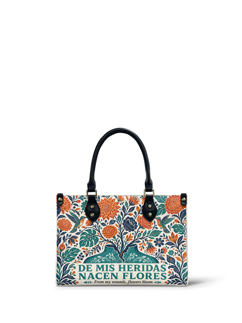 Cream small handbag with a split teal vessel at the base and a symmetrical burst of orange dahlias and coral roses growing out