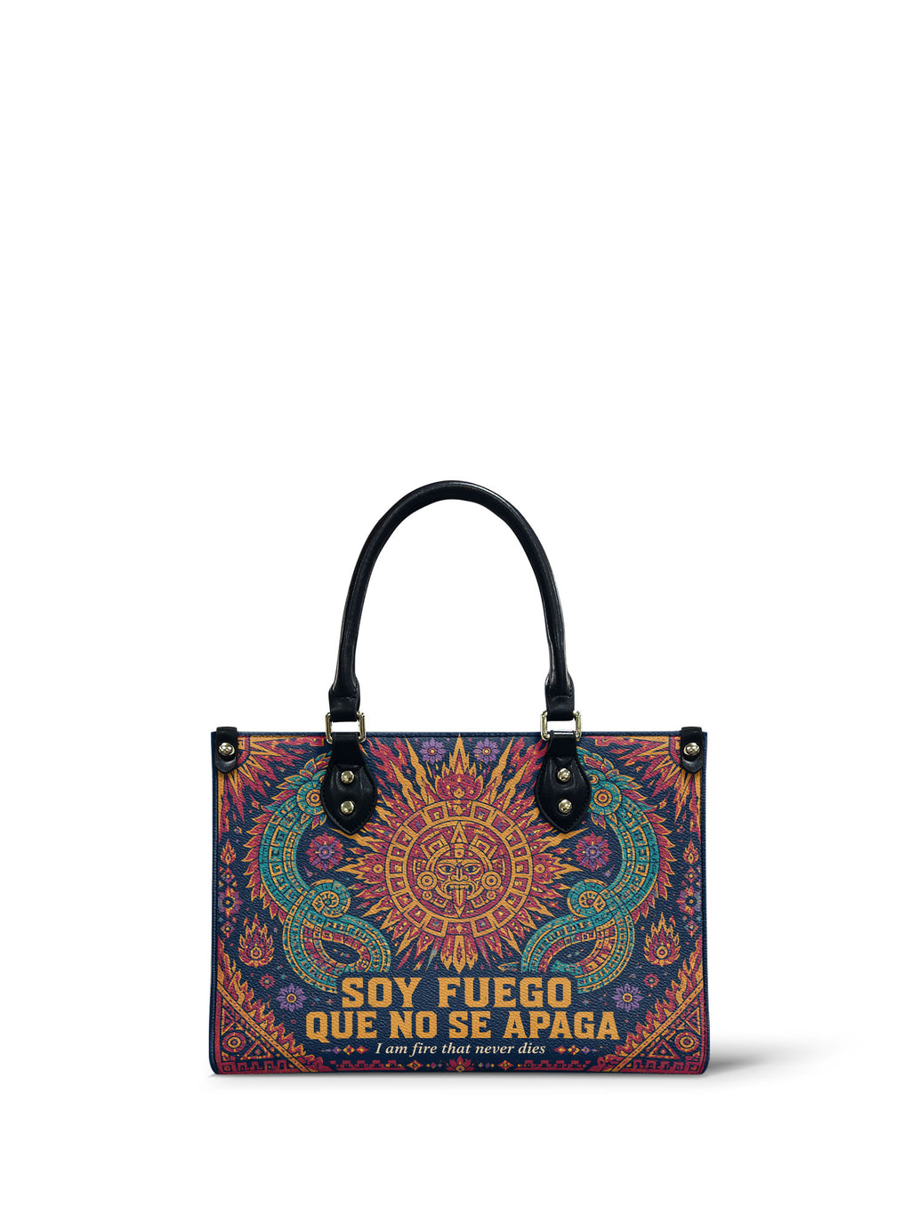 "Soy fuego que no se apaga" ver.3 Small Leather Handbag - front view | Paleta Bags
