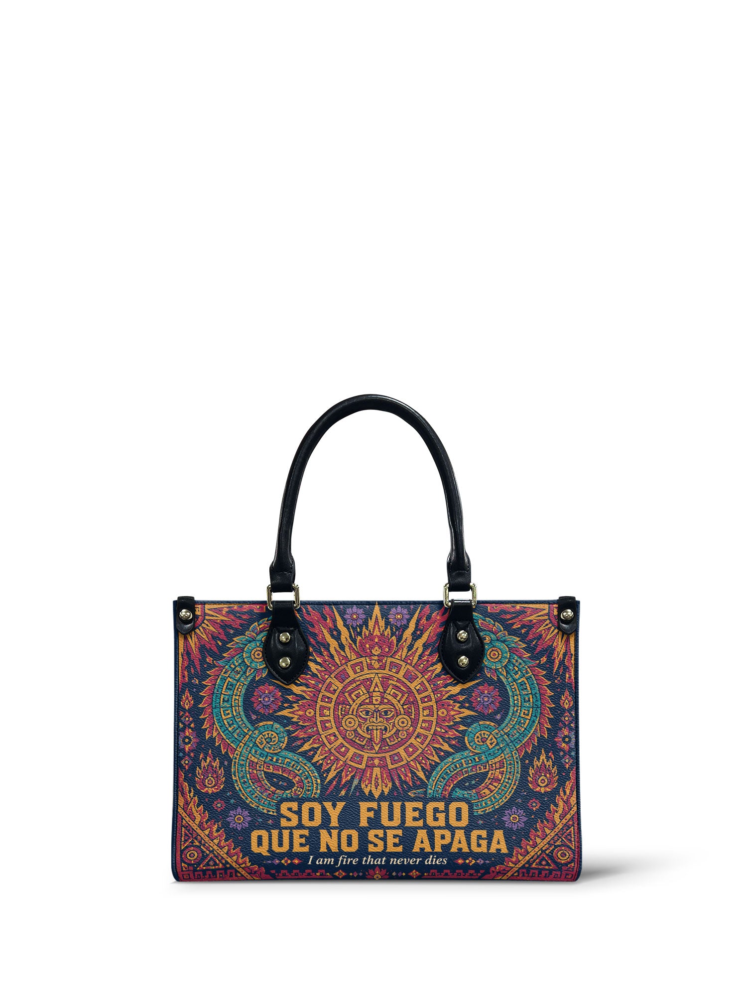 "Soy fuego que no se apaga" ver.3 Small Leather Handbag - front view | Paleta Bags