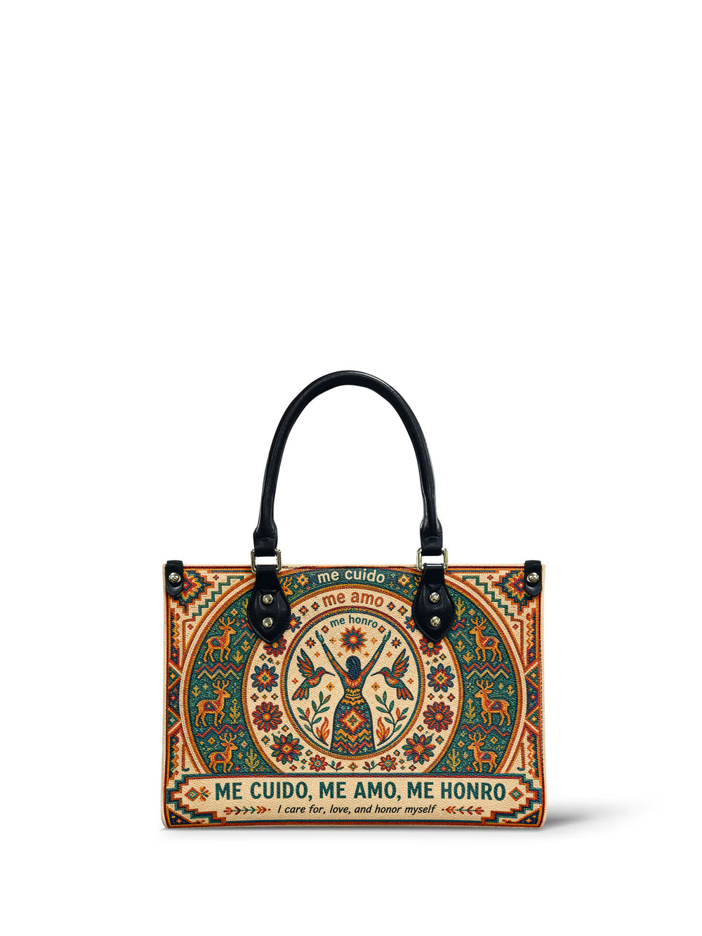Cream small handbag woven like a blanket, round medallion with a figure raising her arms between hummingbirds, deer and geometric bands