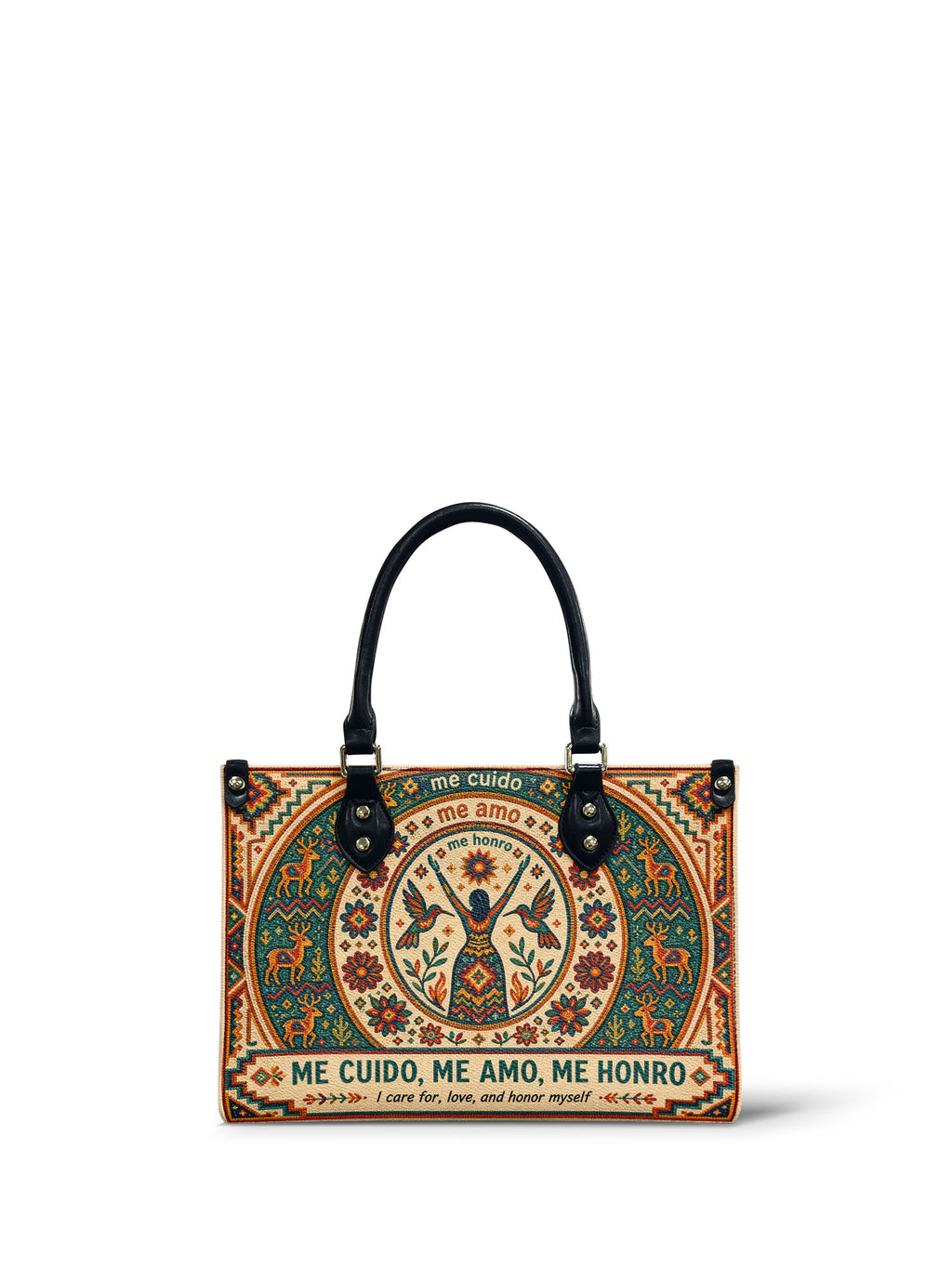 "Me cuido, me amo, me honro" ver.1 Small Leather Handbag - front view | Paleta Bags