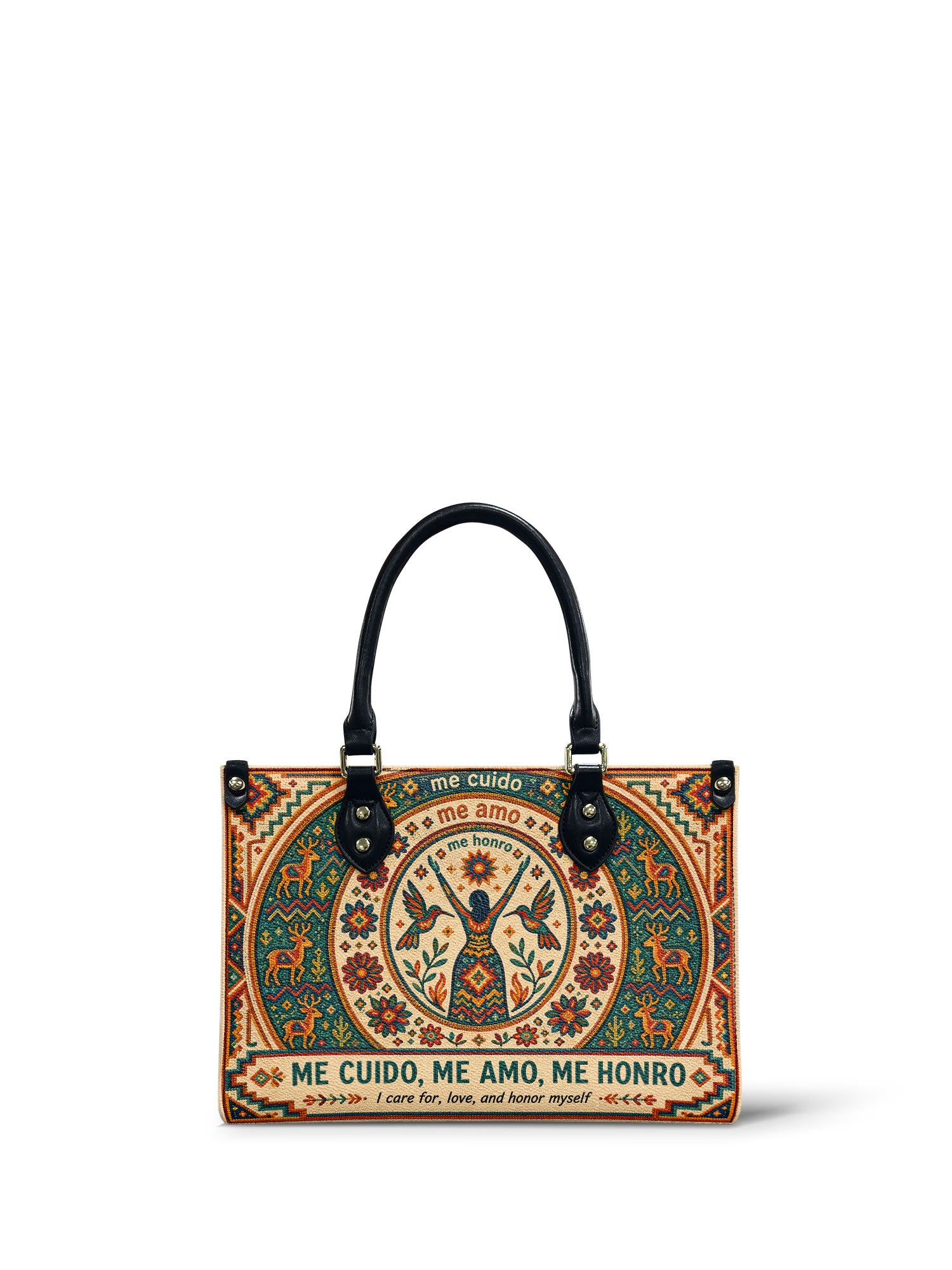"Me cuido, me amo, me honro" ver.1 Small Leather Handbag - front view | Paleta Bags