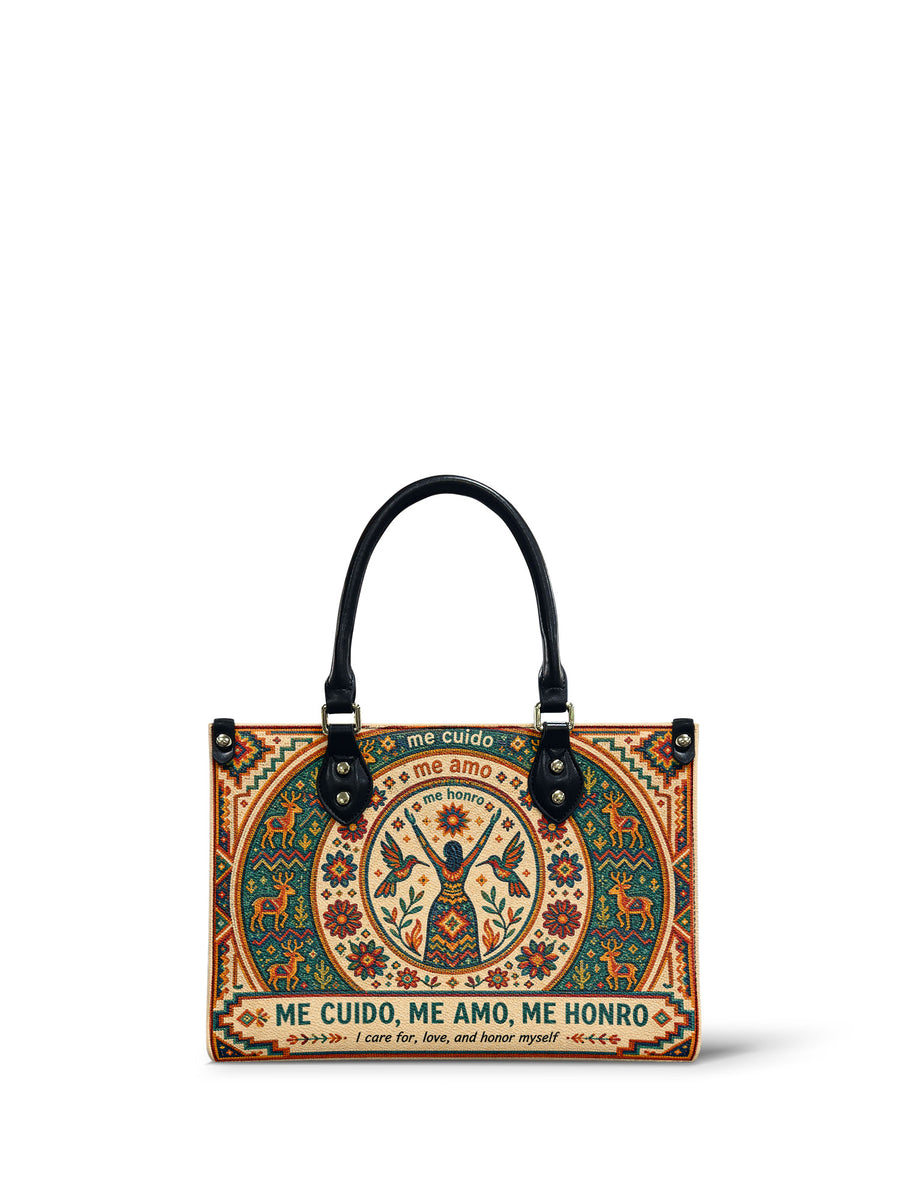 "Me cuido, me amo, me honro" ver.1 Small Leather Handbag
