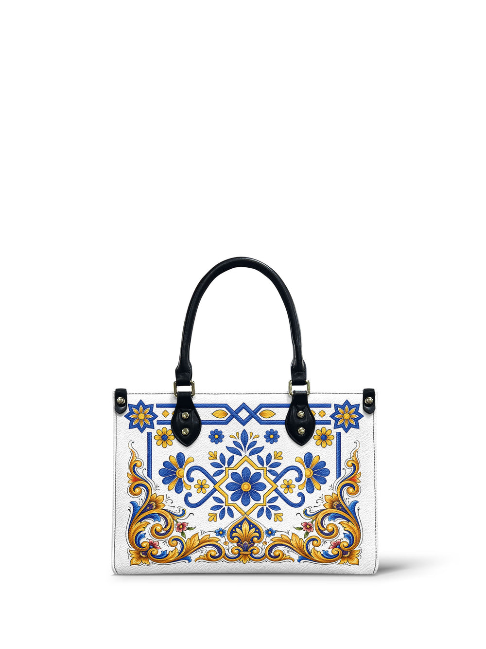 White small handbag with blue and yellow majolica flowers opening from a central rosette and ochre scrollwork along the bottom