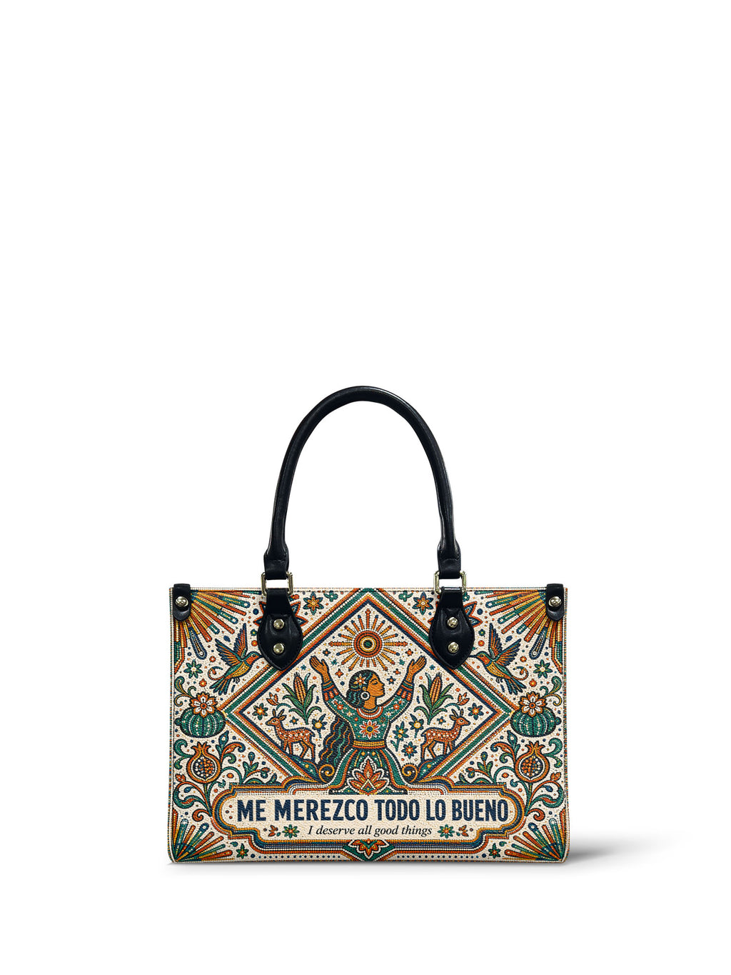 "Me merezco todo lo bueno" ver.5 Small Leather Handbag - front view | Paleta Bags