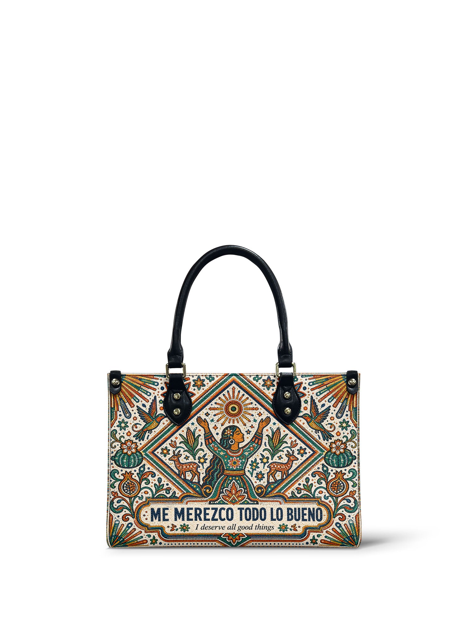 "Me merezco todo lo bueno" ver.5 Small Leather Handbag - front view | Paleta Bags