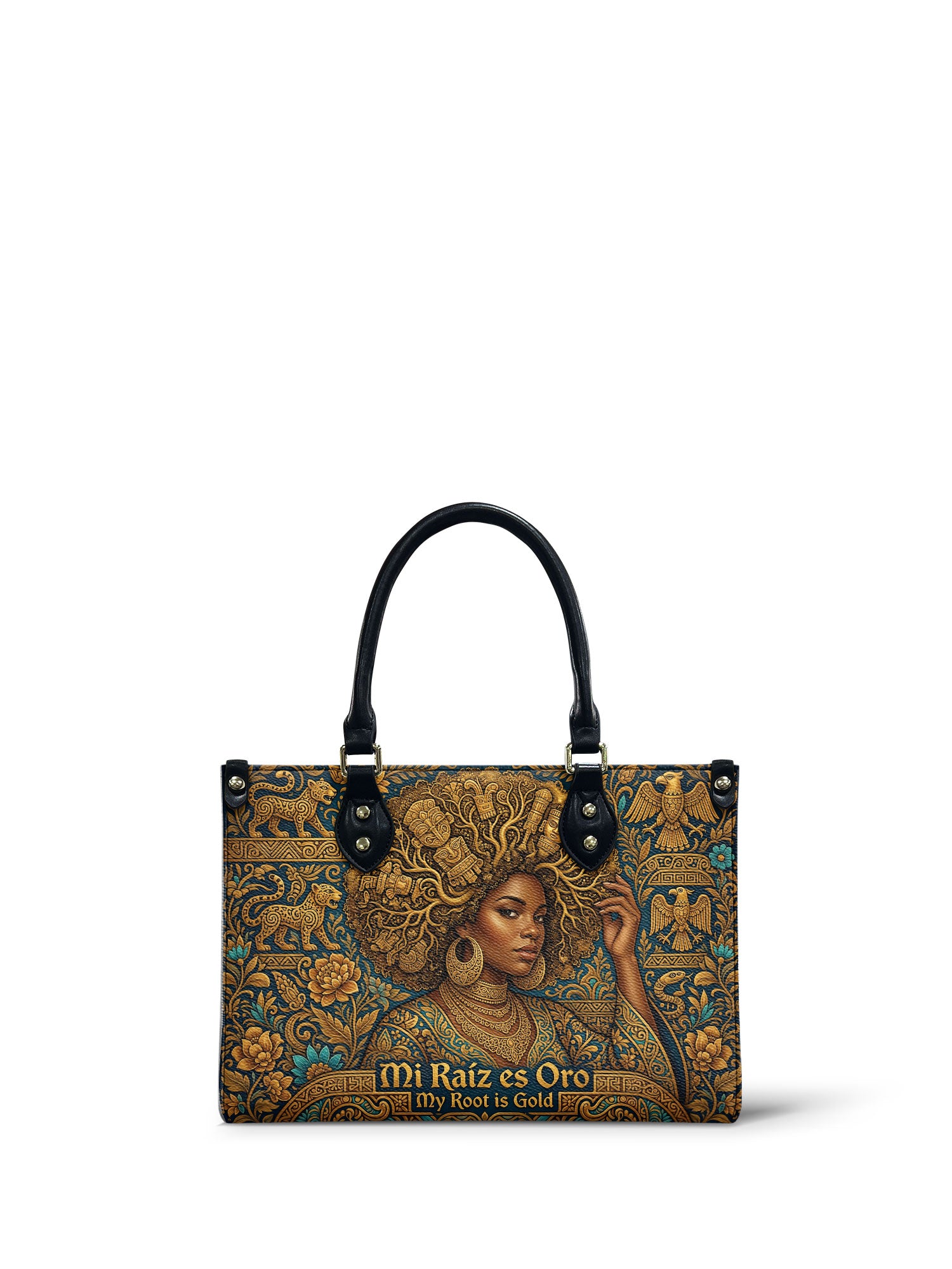 "Mi Raíz es Oro" ver.2 Small Leather Handbag - front view | Paleta Bags