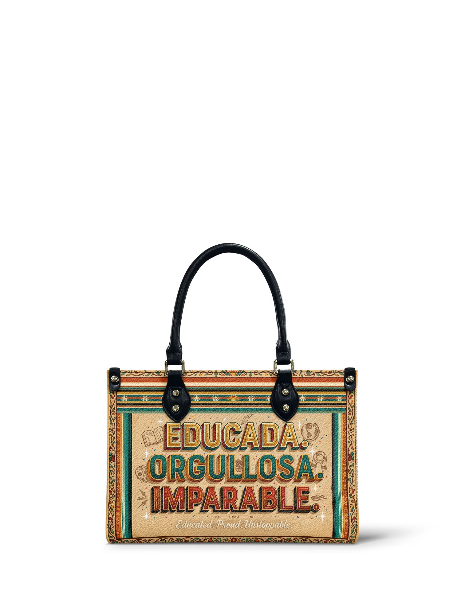 "Educada. Orgullosa. Imparable" ver.4 Small Leather Handbag - front view | Paleta Bags