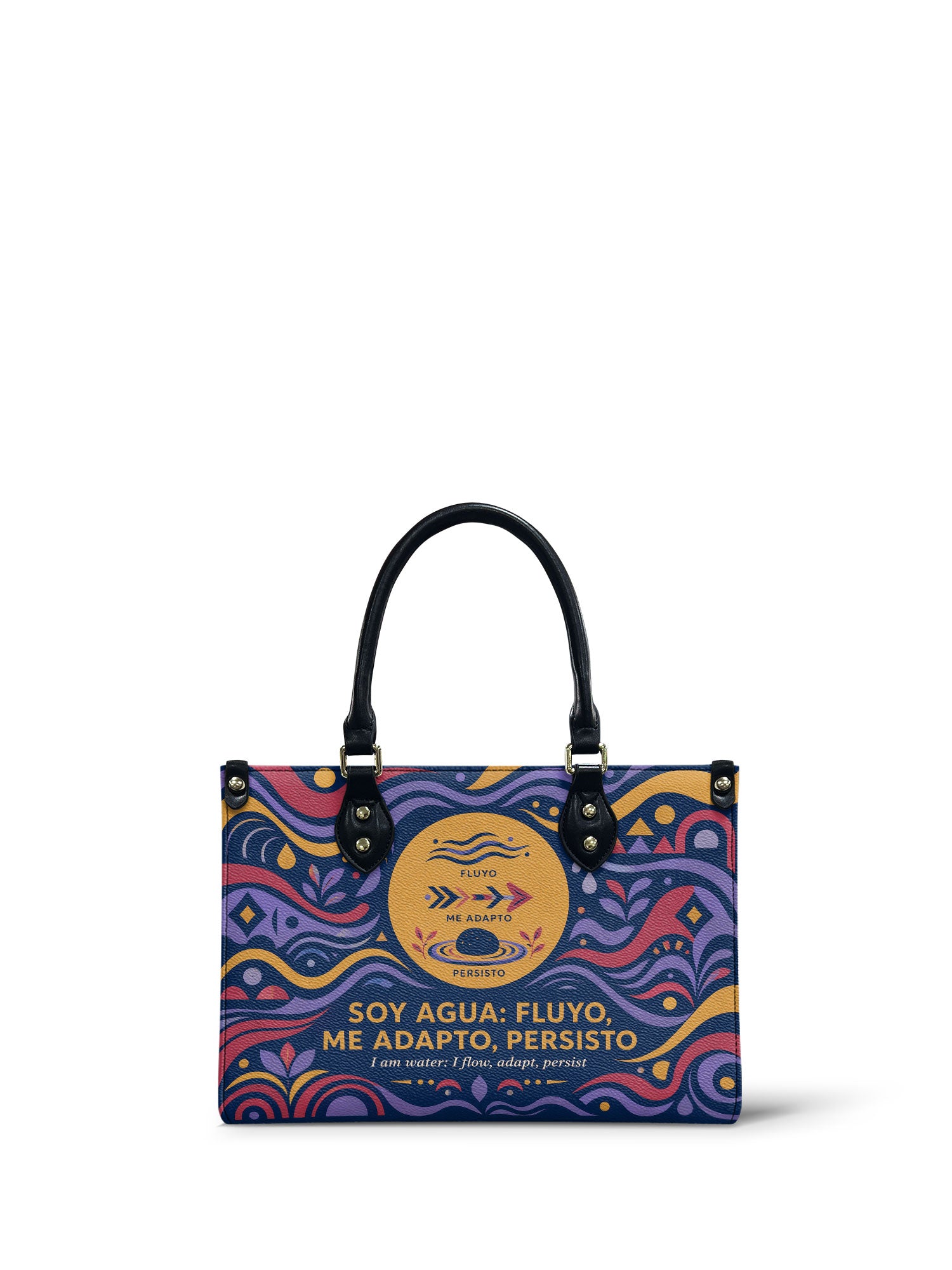 "Soy agua fluyo, me adapto, persisto" ver.3 Small Leather Handbag - front view | Paleta Bags