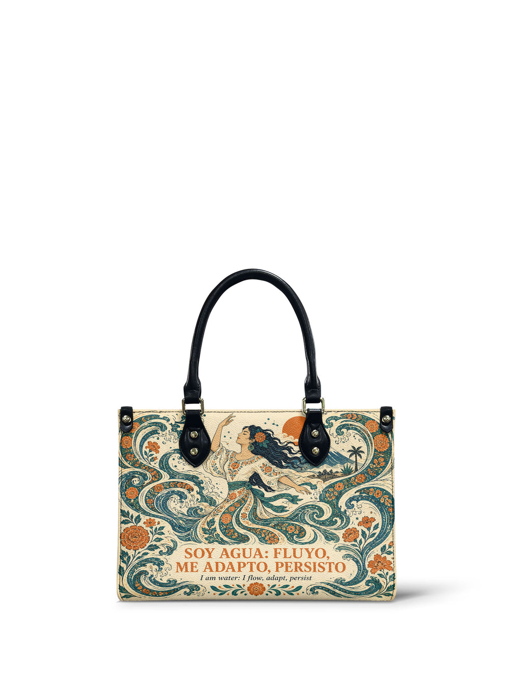 Pale cream small handbag with a woman floating on teal surf with one arm raised, an orange sun, a volcano and palms behind her
