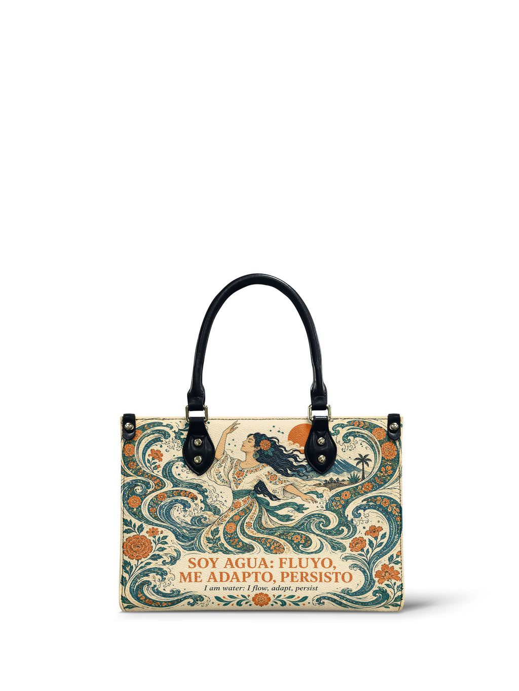 "Soy agua fluyo, me adapto, persisto" ver.4 Small Leather Handbag - front view | Paleta Bags