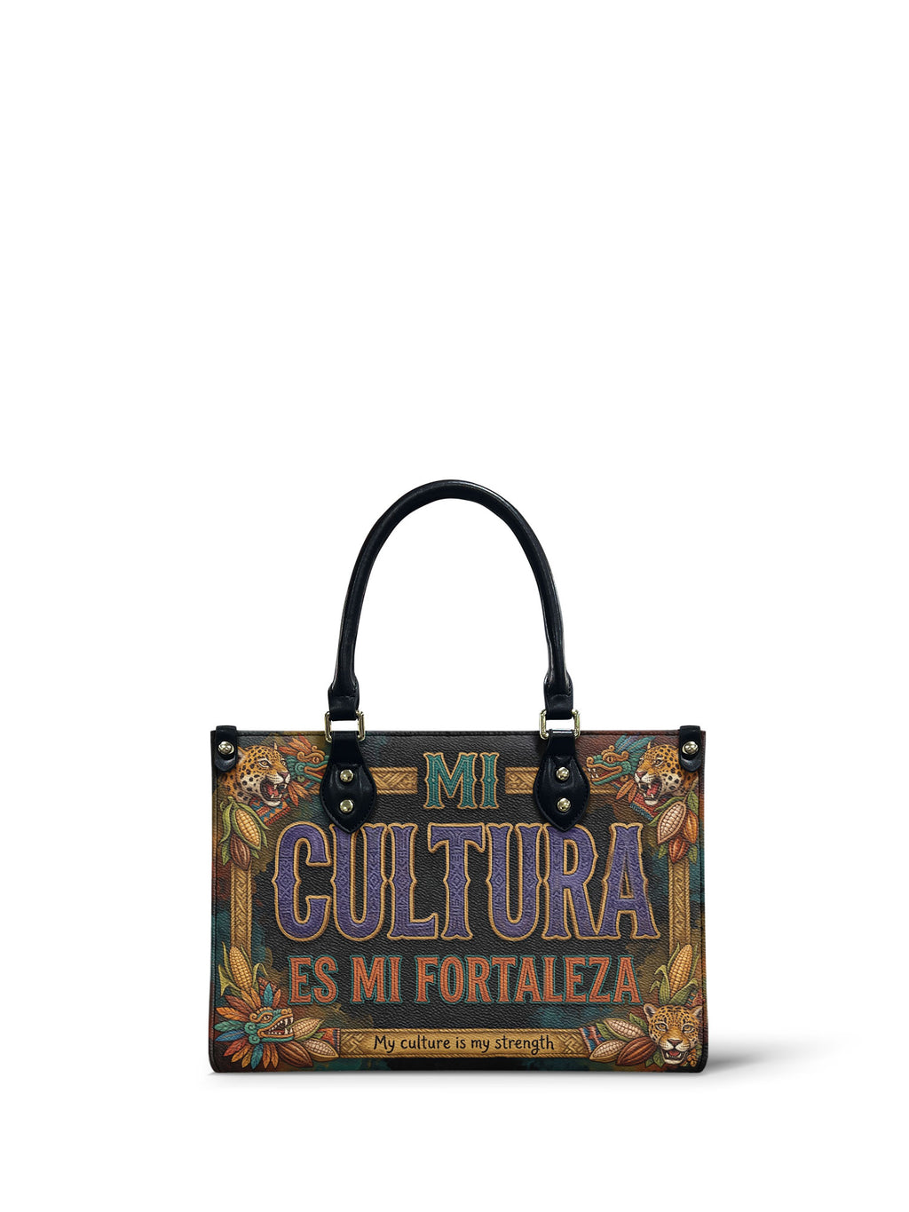 "Mi cultura es mi fortaleza" ver.3 Small Leather Handbag - front view | Paleta Bags