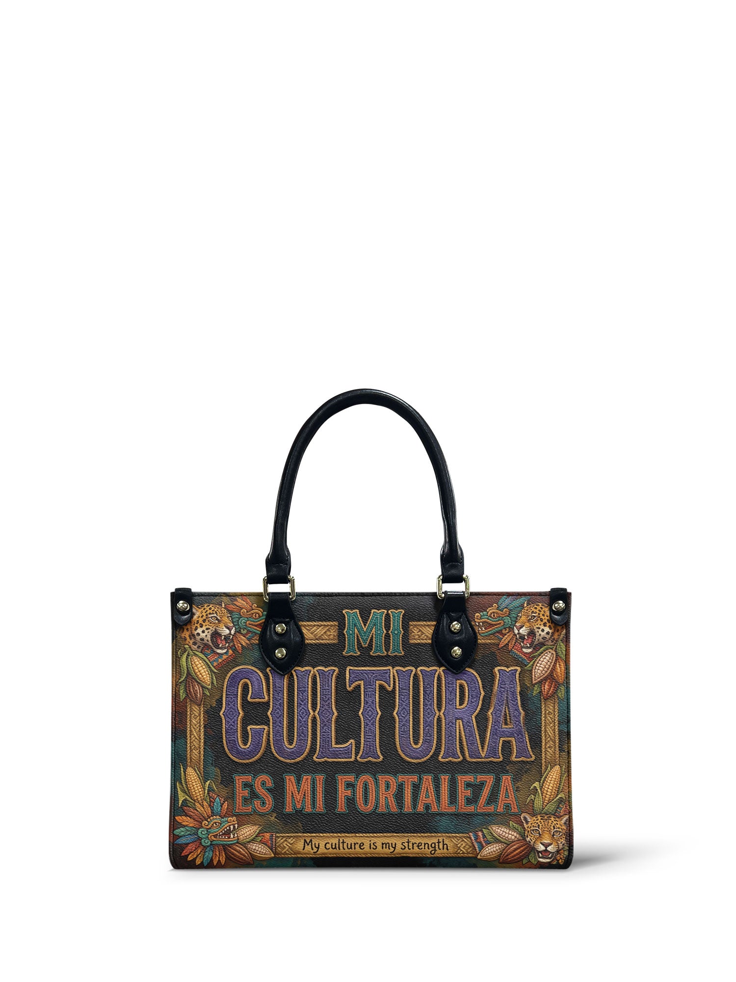 "Mi cultura es mi fortaleza" ver.3 Small Leather Handbag - front view | Paleta Bags
