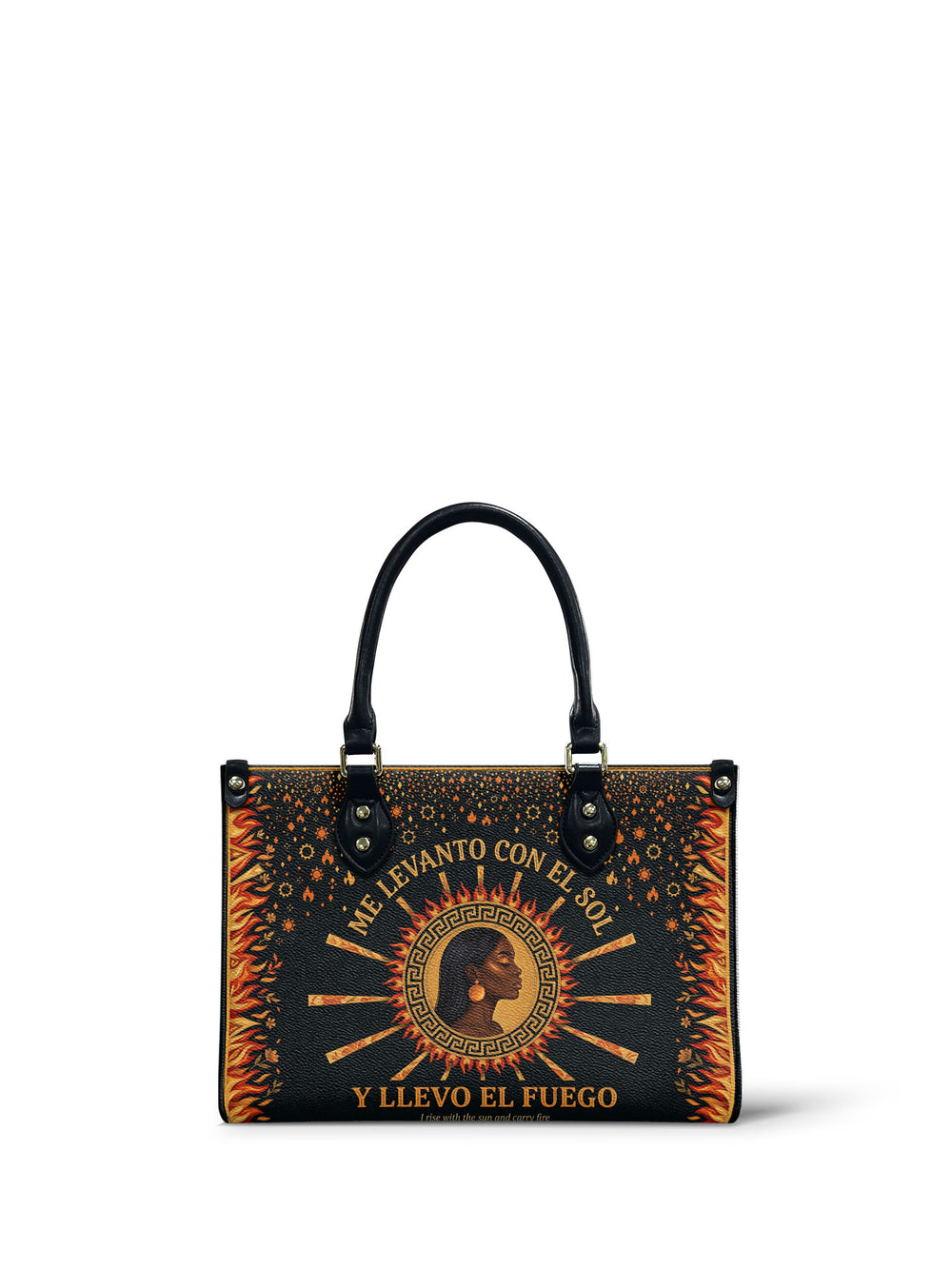 Near black small handbag with a woman's profile inside a gold sun disc ringed by a Greek key band, flame tipped spokes and falling sparks