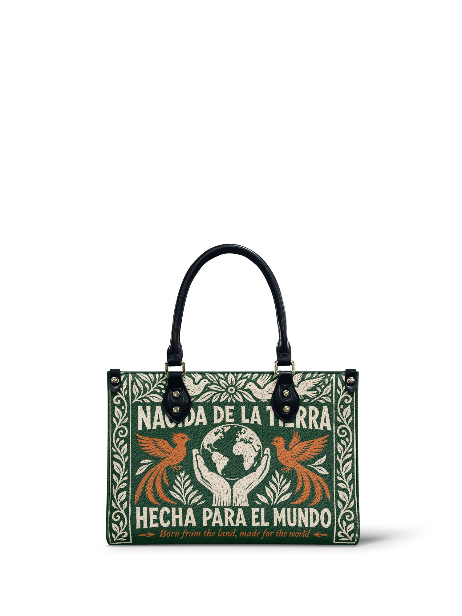 "Nacida de la tierra, hecha para el mundo" ver.3 Small Leather Handbag - front view | Paleta Bags