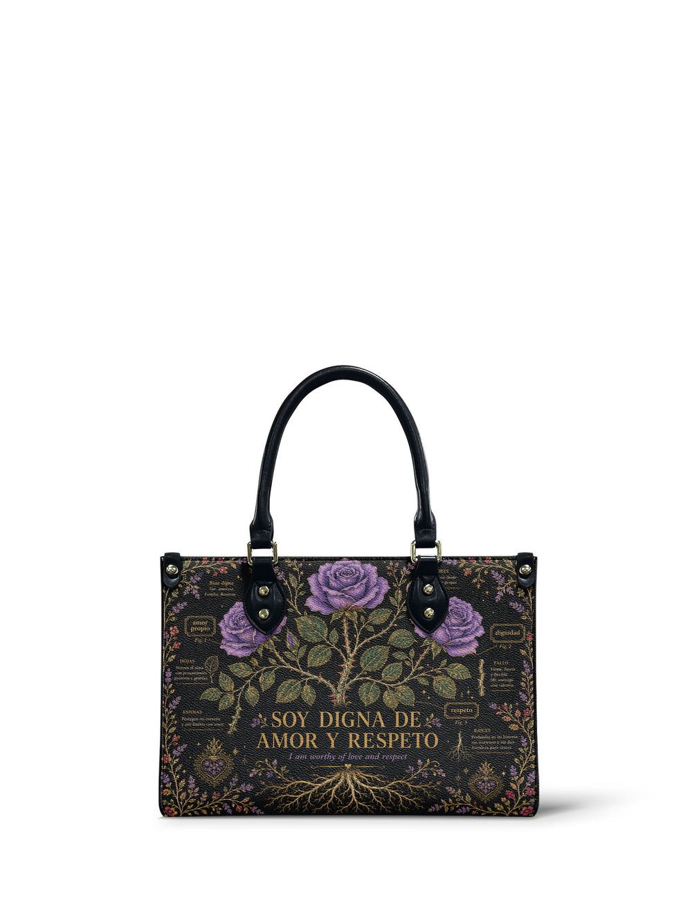 Near black small handbag drawn as a botanical plate, three lilac roses on one stem with gold roots and small labelled annotation panels