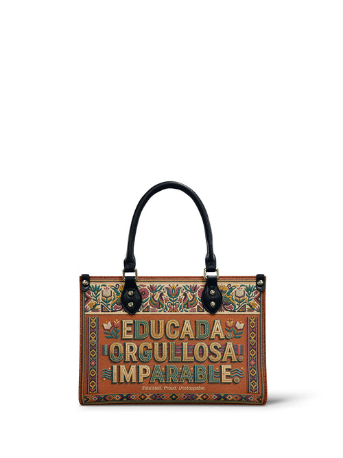 "Educada. Orgullosa. Imparable" ver.3 Small Leather Handbag - front view | Paleta Bags