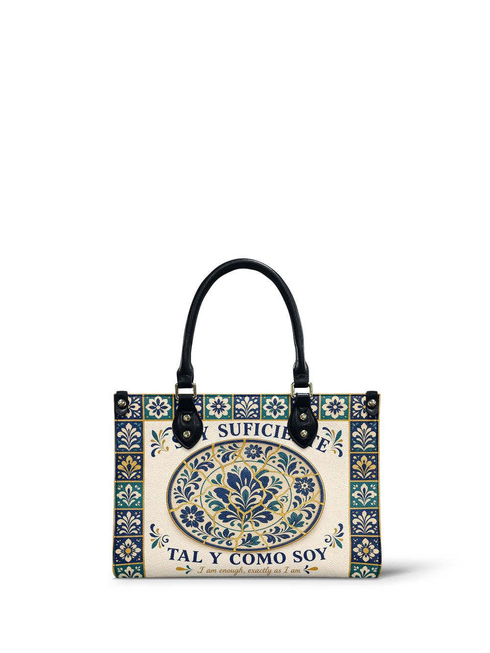 Cream small handbag with a blue and gold rosette on an oval plate, the lettering curving around it and painted tiles bordering the top