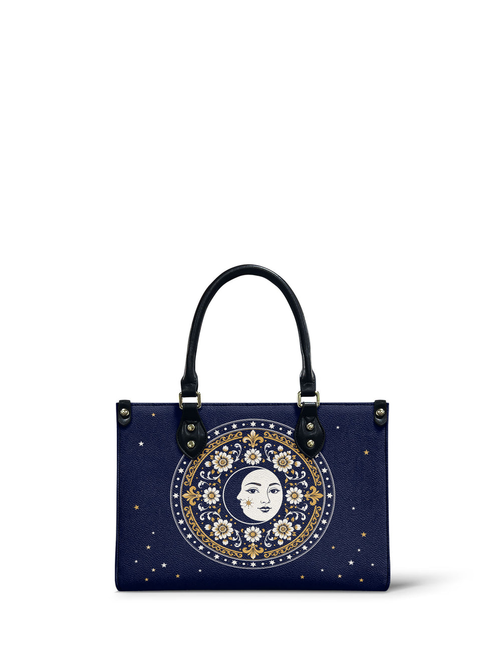 Navy small handbag with a crescent moon face inside a ring of white daisies and gold scrollwork, small stars scattered around it