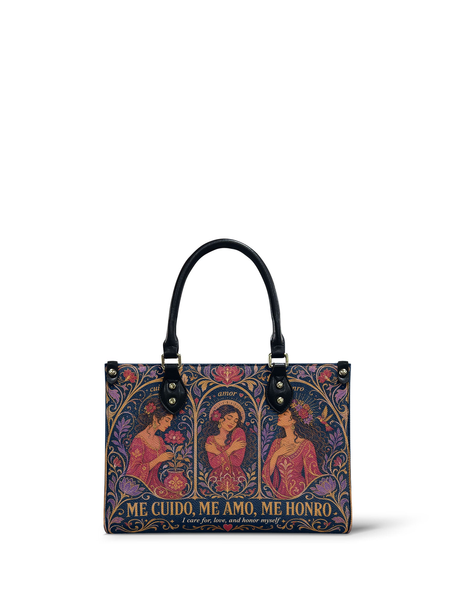 "Me cuido, me amo, me honro" ver.3 Small Leather Handbag - front view | Paleta Bags