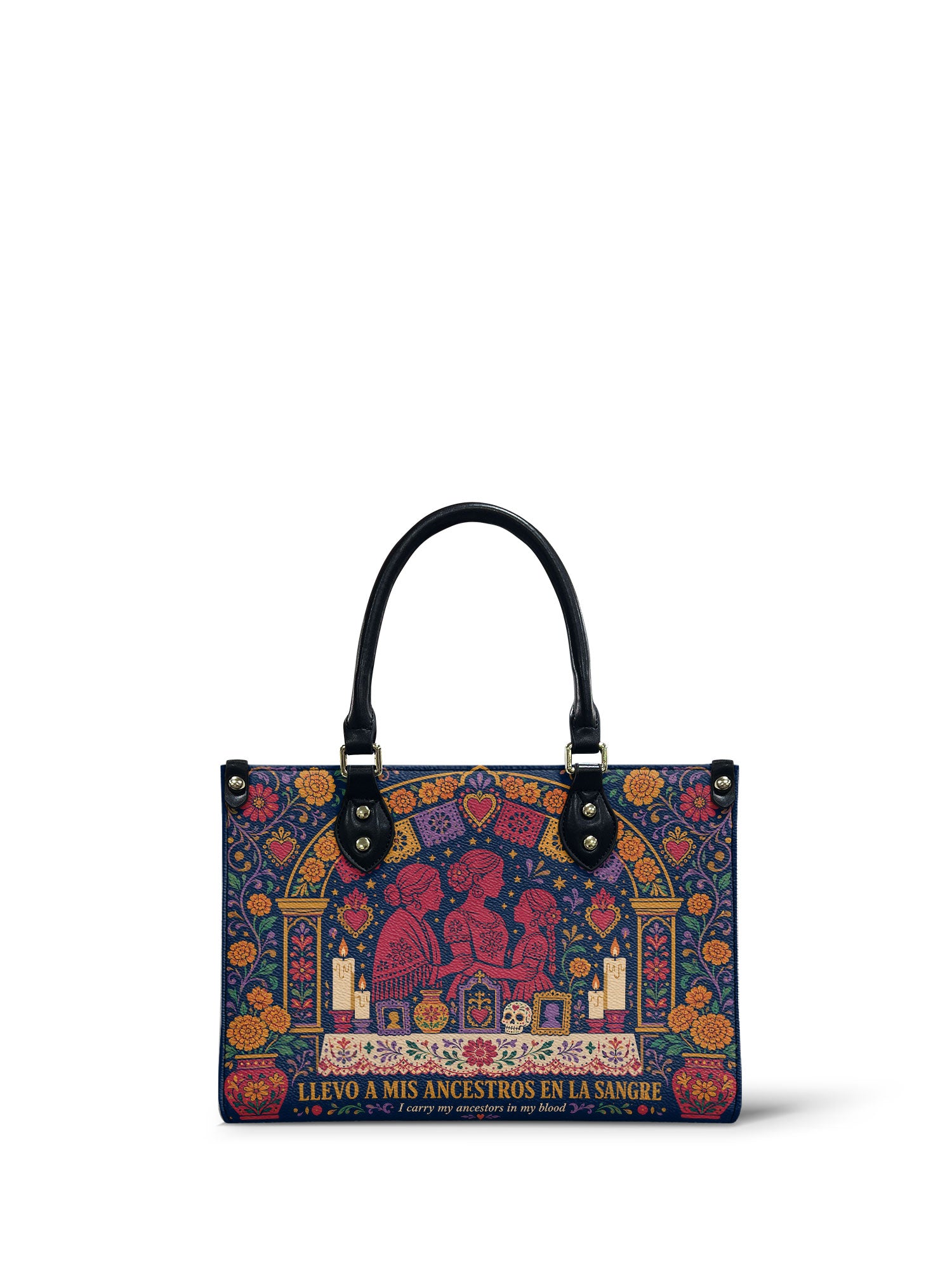 "Llevo a mis ancestros en la sangre" ver.1 Small Leather Handbag - front view | Paleta Bags