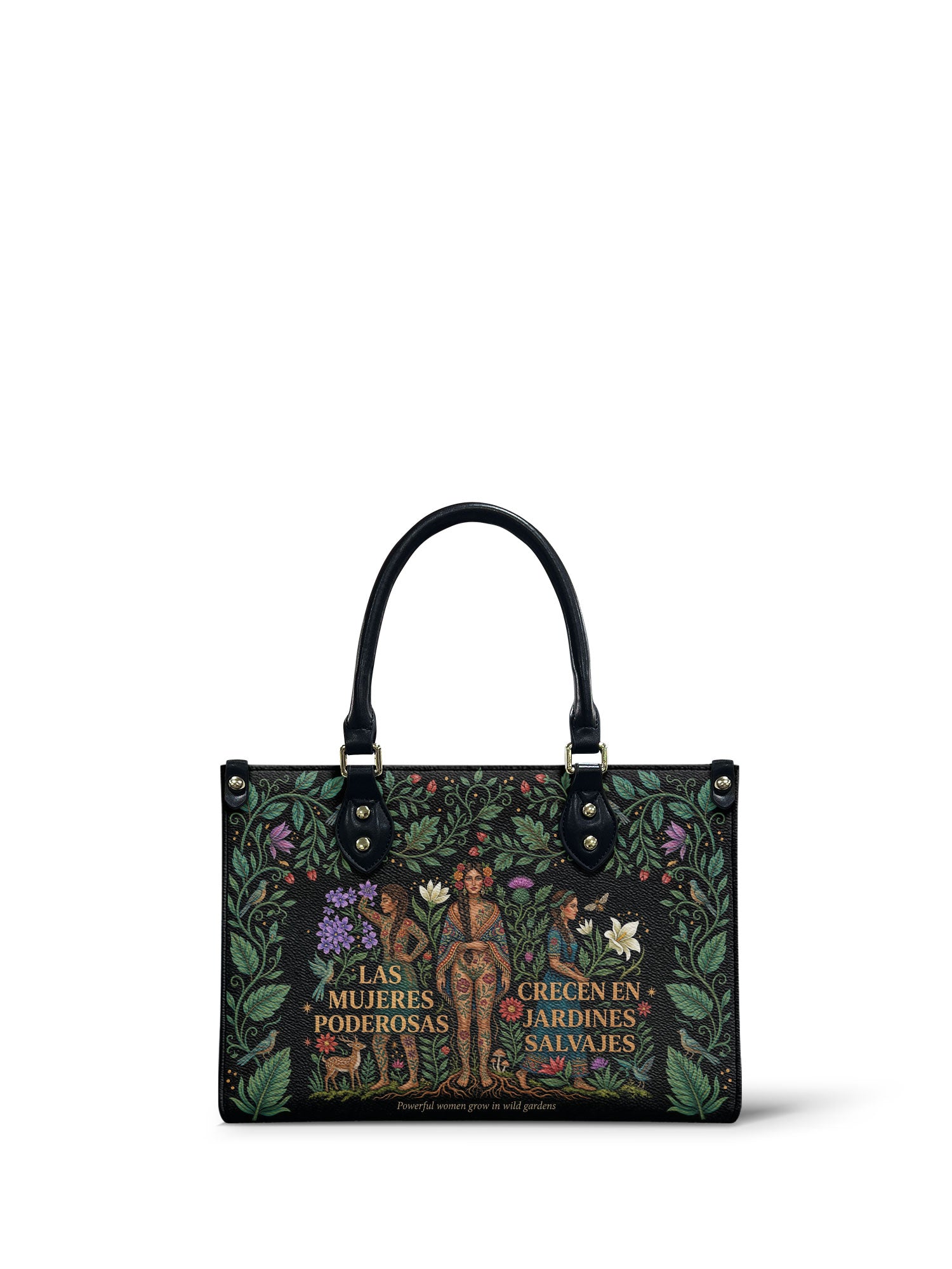 "Las mujeres poderosas crecen en jardines salvajes" ver.1 Small Leather Handbag - front view | Paleta Bags