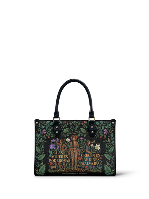 "Las mujeres poderosas crecen en jardines salvajes" ver.1 Small Leather Handbag - front view | Paleta Bags