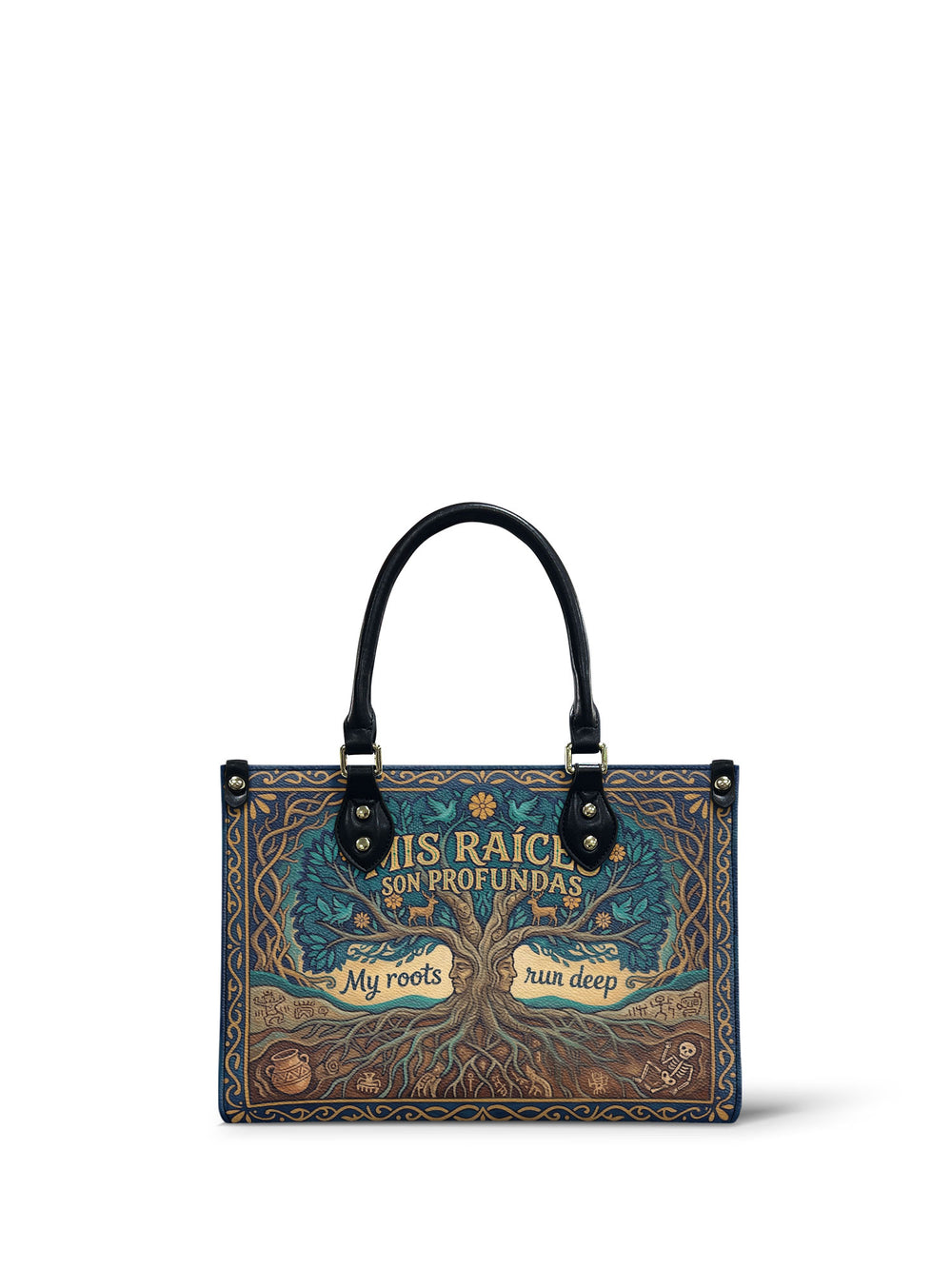 Teal and brown tree of life small handbag, Mis Raices son Profundas lettering with My roots run deep on banner scrolls