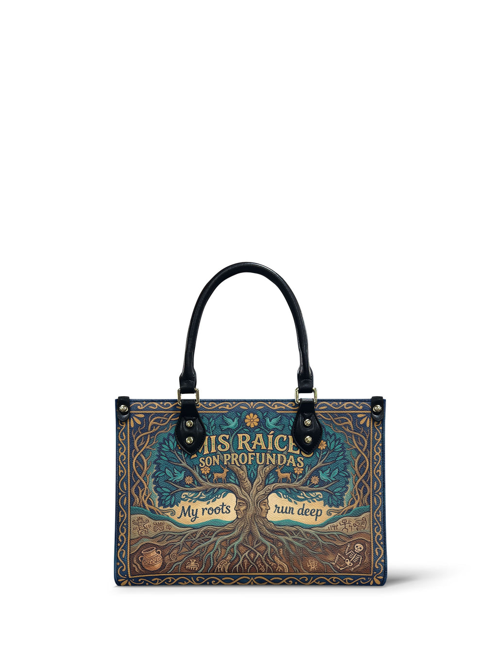 "Mis Raíces son Profundas" ver.1 Small Leather Handbag - front view | Paleta Bags