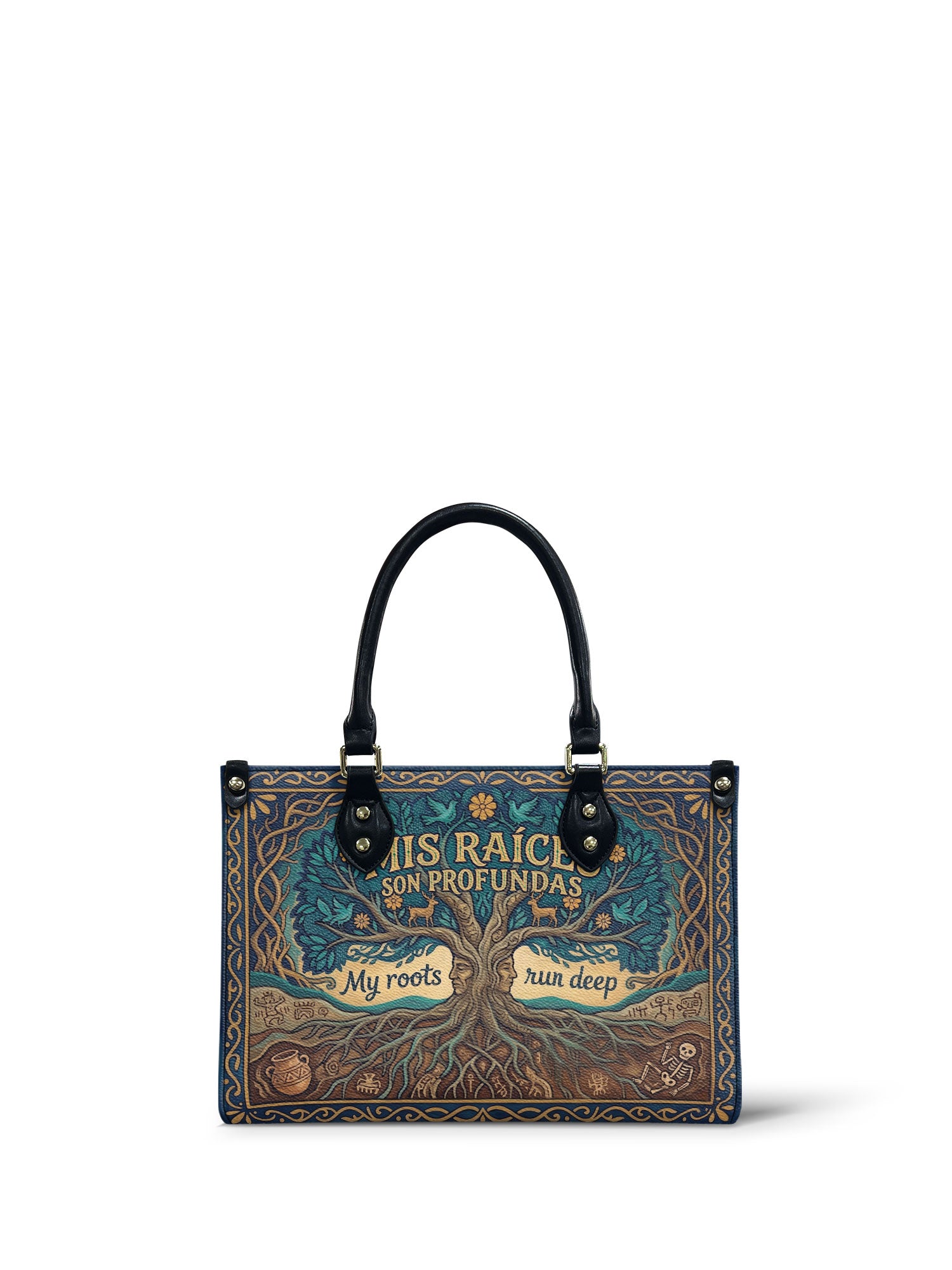 "Mis Raíces son Profundas" ver.1 Small Leather Handbag - front view | Paleta Bags