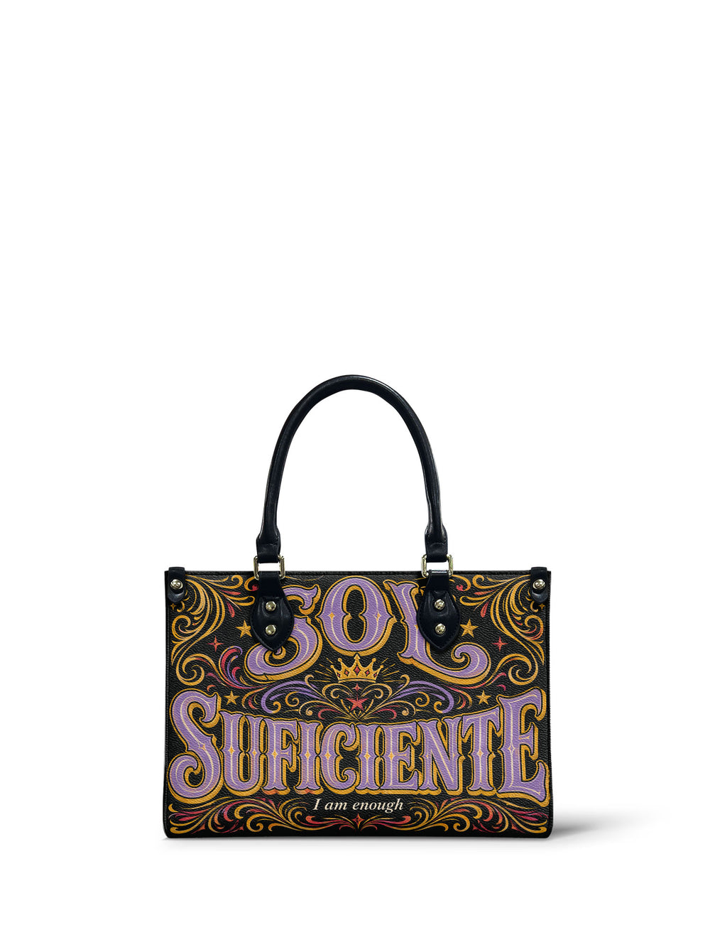Charcoal small handbag with lilac and gold outlined capitals, gold filigree spinning around them and a small crown between the lines