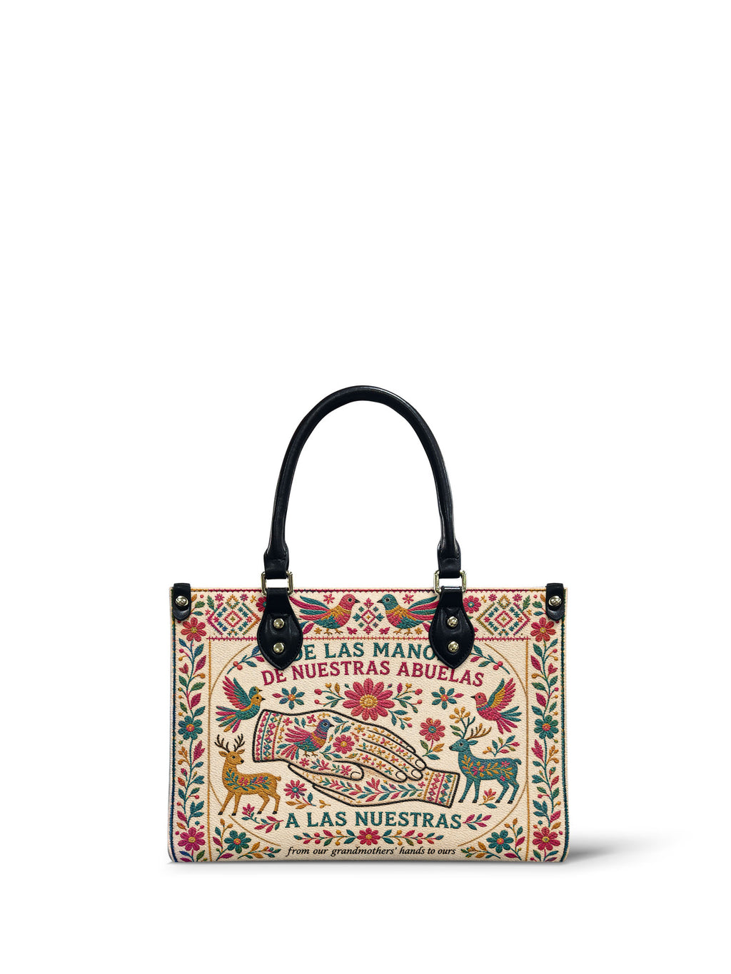 "De las manos de nuestras abuelas a las nuestras" ver.1 Small Leather Handbag - front view | Paleta Bags