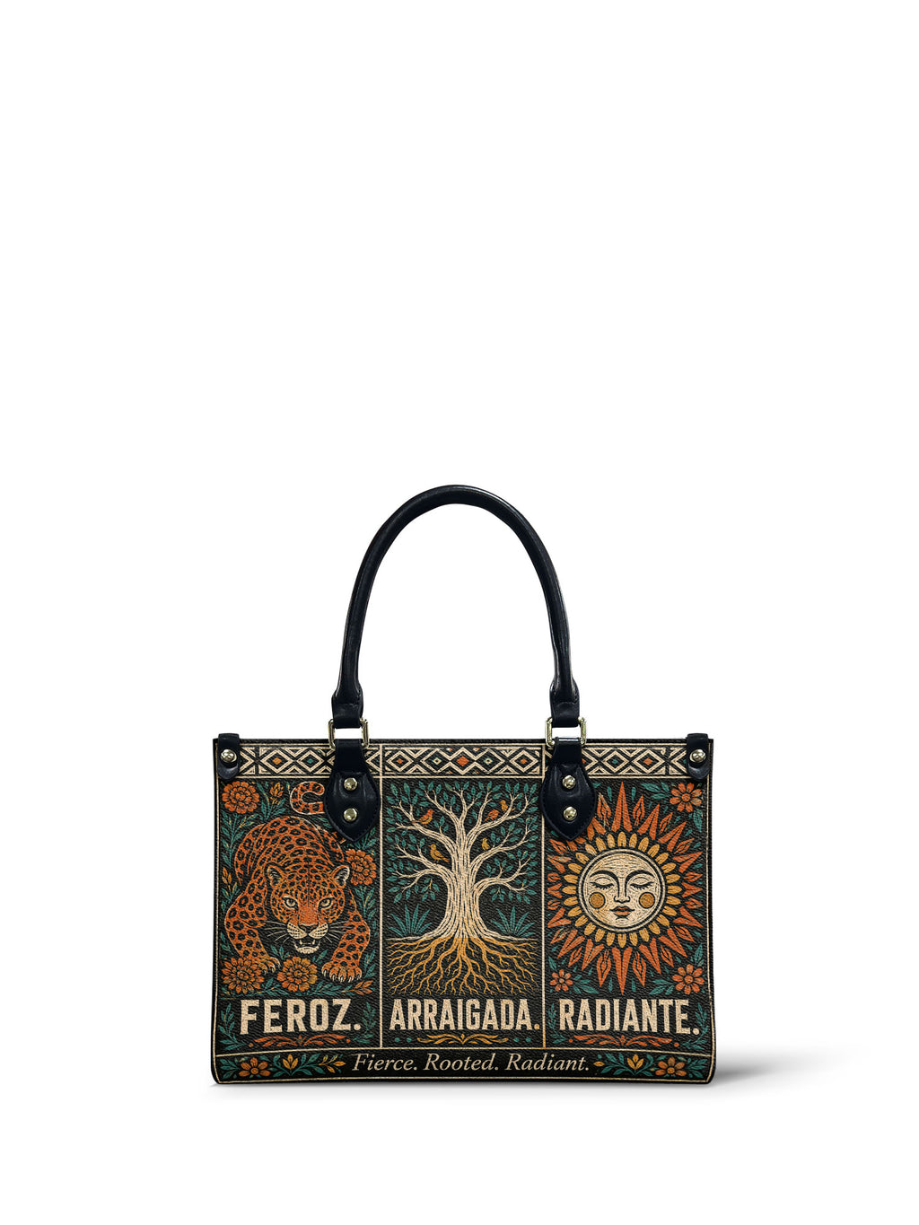 "Feroz. Arraigada. Radiante" ver.1 Small Leather Handbag - front view | Paleta Bags