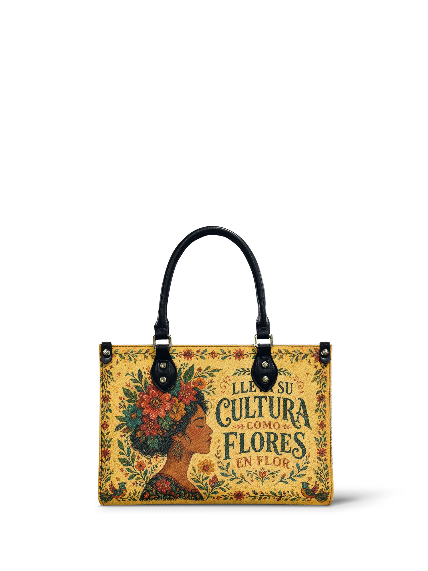 "Lleva su cultura como flores en flor" ver.1 Small Leather Handbag - front view | Paleta Bags