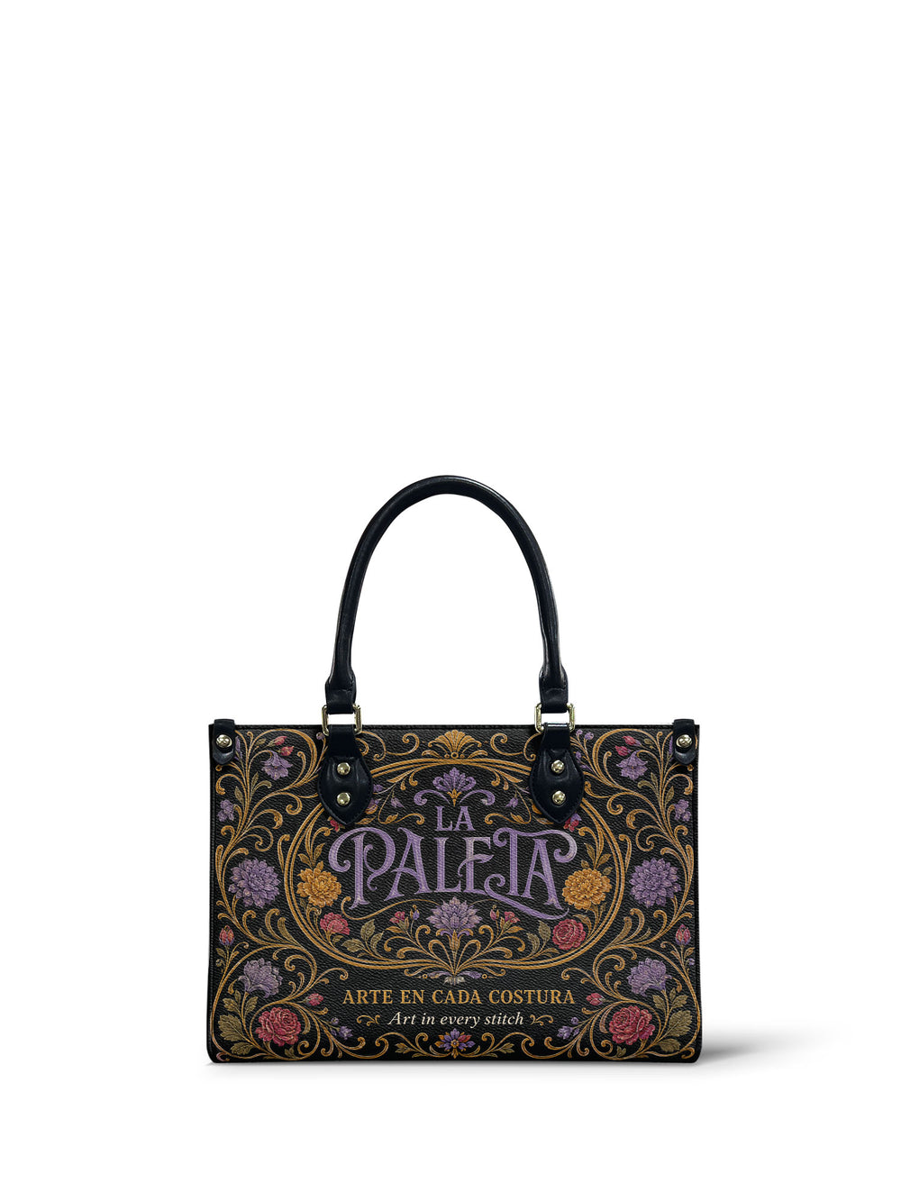 Near black small handbag with La Paleta in violet script inside a gold oval cartouche, dahlias and roses in pink and lilac around it